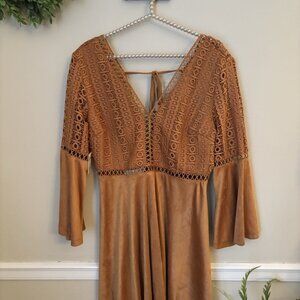 NWT Beyond The Radar Size M Faux Suede Mini Dress Crochet Trim Bell Sleeve Boho